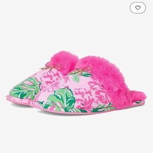 Lilly Pulitzer, Harte Bow Slippers.  Floral Pink and Green Slippers.